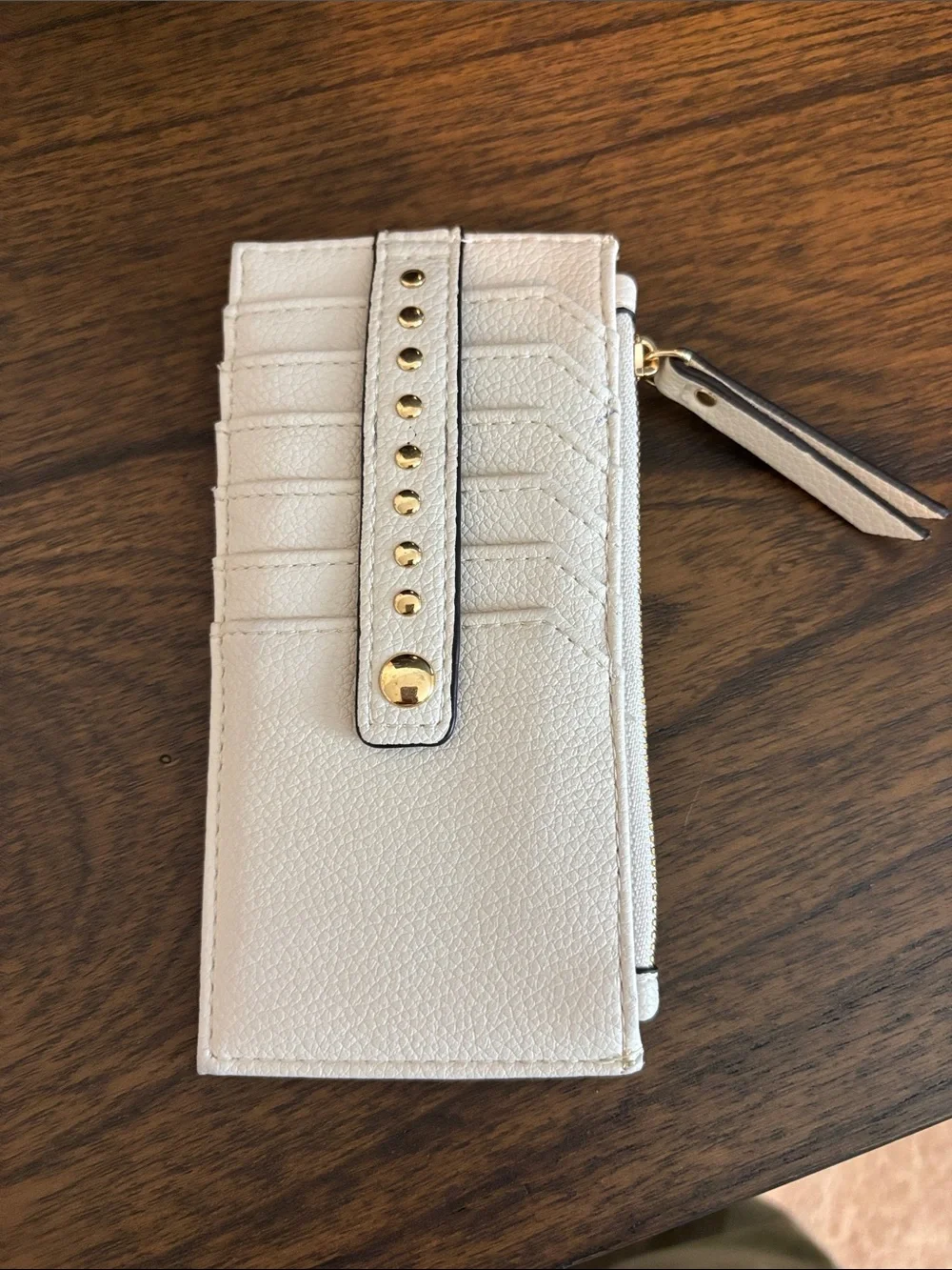 White Leather Card Wallet with Gold Studs